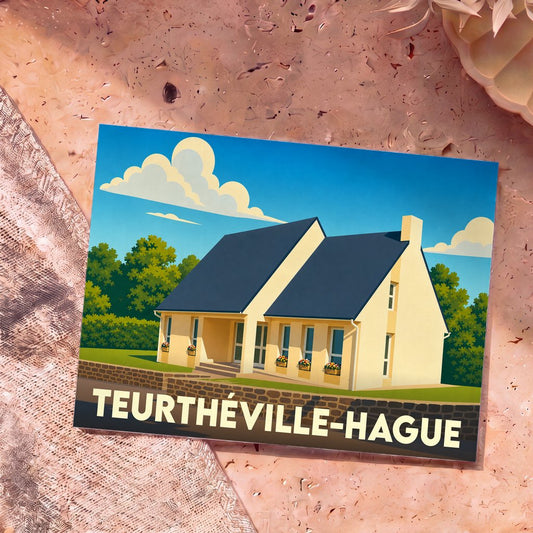 Carte postale souvenir de la ville de Teurthéville-Hague avec une illustration stylisée d'une maison.