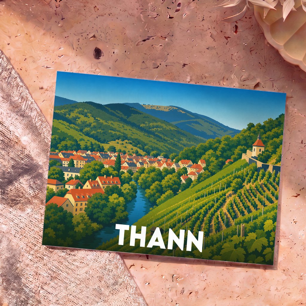Carte postale souvenir de la ville de Thann illustrant un paysage de vallée avec ses vignobles et ses maisons typiques.