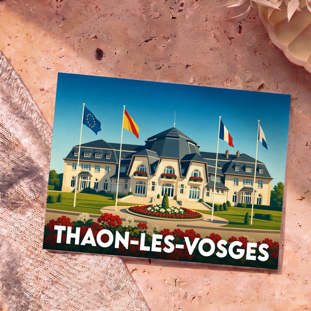 Carte postale souvenir de la ville de Thaon-les-Vosges illustrant la Rotonde sous un ciel bleu.