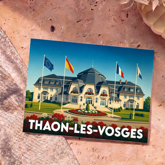 Carte postale souvenir de la ville de Thaon-les-Vosges illustrant la Rotonde sous un ciel bleu.