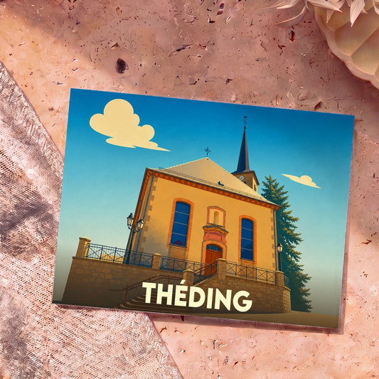 Carte postale souvenir de la ville de Théding avec une illustration stylisée de son église sous un ciel bleu.