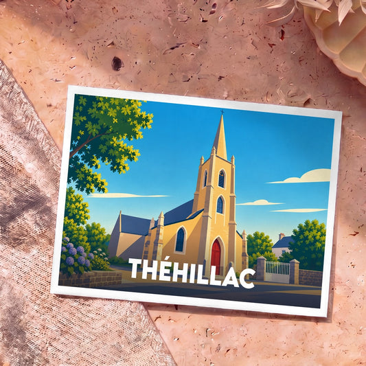 Carte postale souvenir de la ville de Théhillac avec une illustration stylisée de son église.