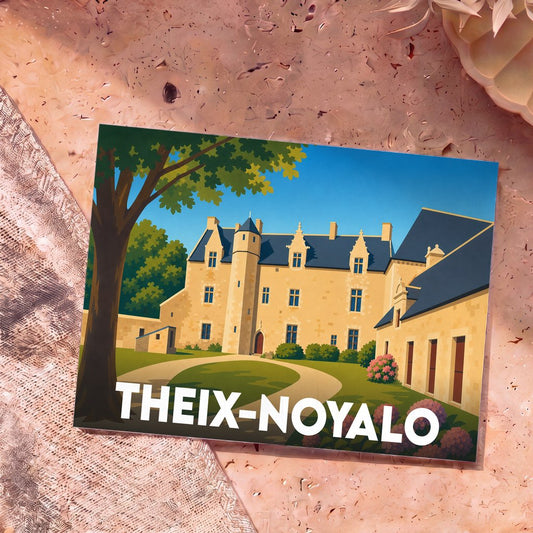 Carte postale souvenir de la ville de Theix-Noyalo illustrant un château breton dans un style graphique épuré.