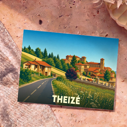 Carte postale souvenir de la ville de Theizé avec une illustration stylisée et colorée de son paysage villageois.