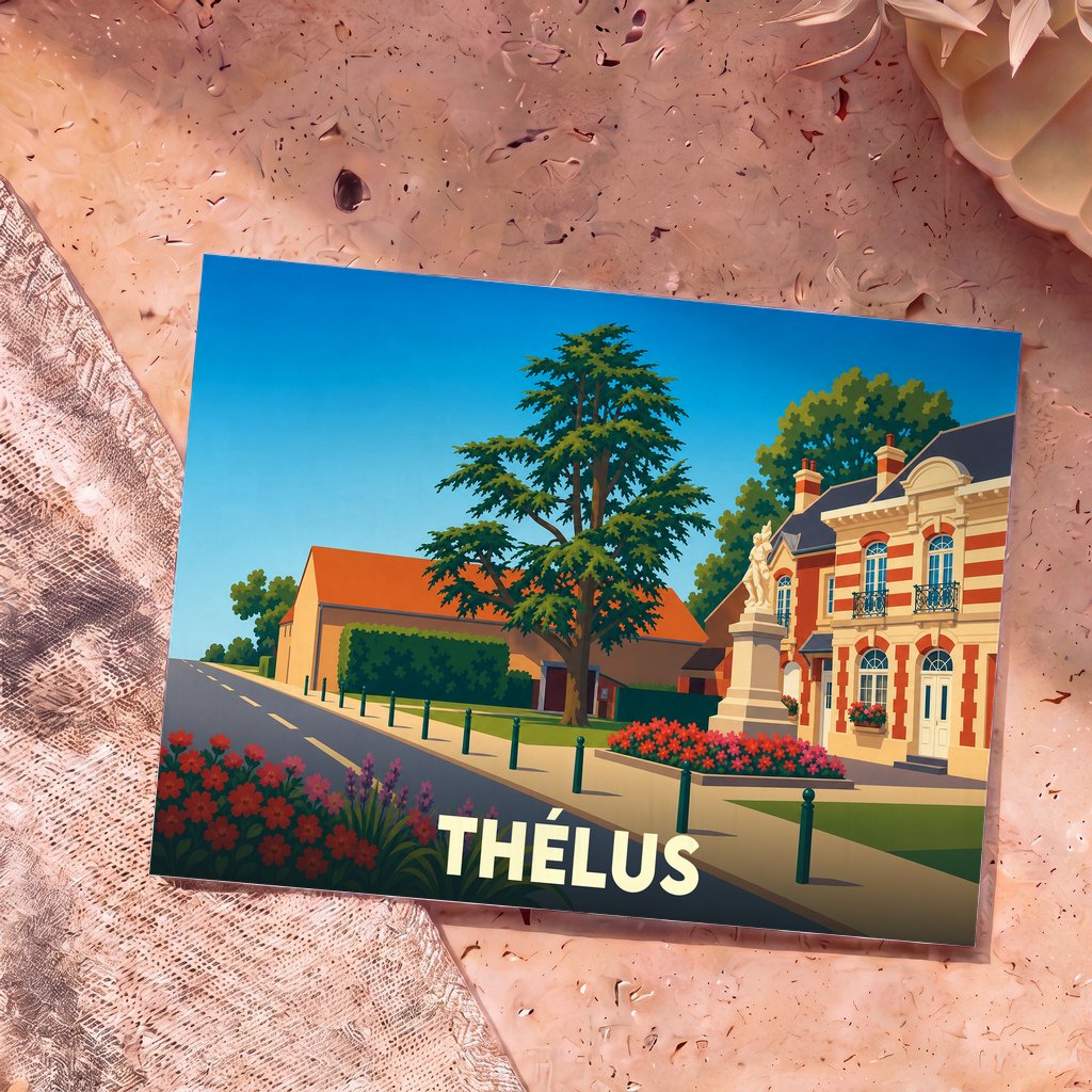 Carte postale souvenir de la ville de Thélus avec une illustration stylisée et colorée de ses bâtiments et monuments.