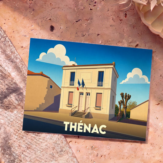 Carte postale souvenir de la ville de Thénac illustrant sa mairie dans un style graphique épuré.