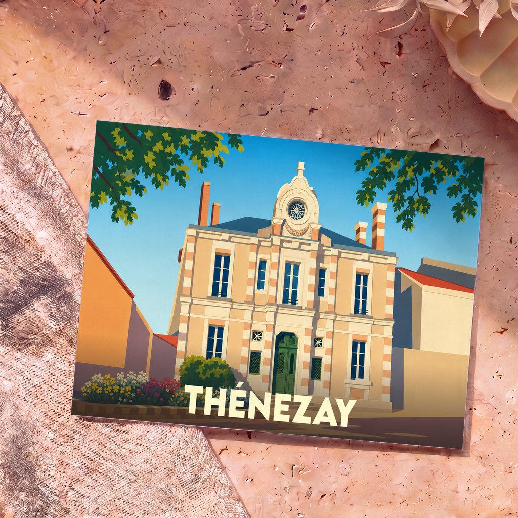 Carte postale souvenir de la ville de Thénezay illustrant son hôtel de ville dans un style graphique épuré.