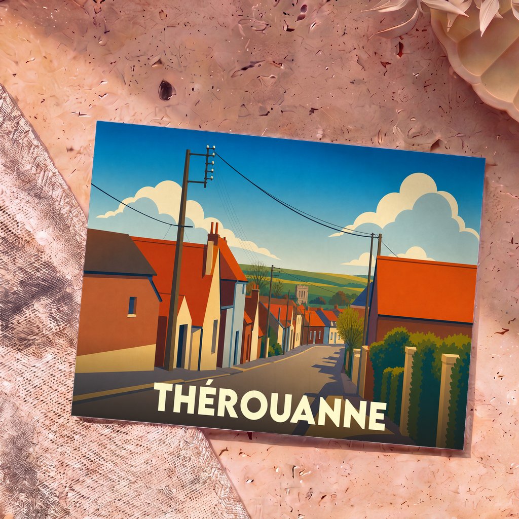 Carte postale souvenir de la ville de Thérouanne avec une illustration stylisée de ses rues et habitations.