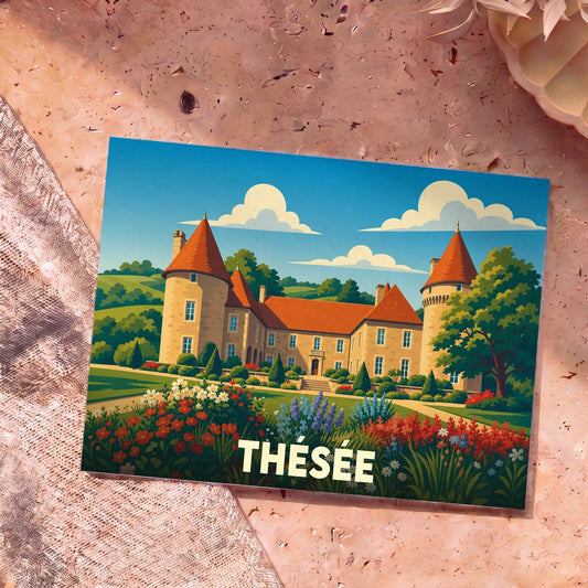 Carte postale souvenir de la ville de Thésée illustrant un château entouré de jardins fleuris.