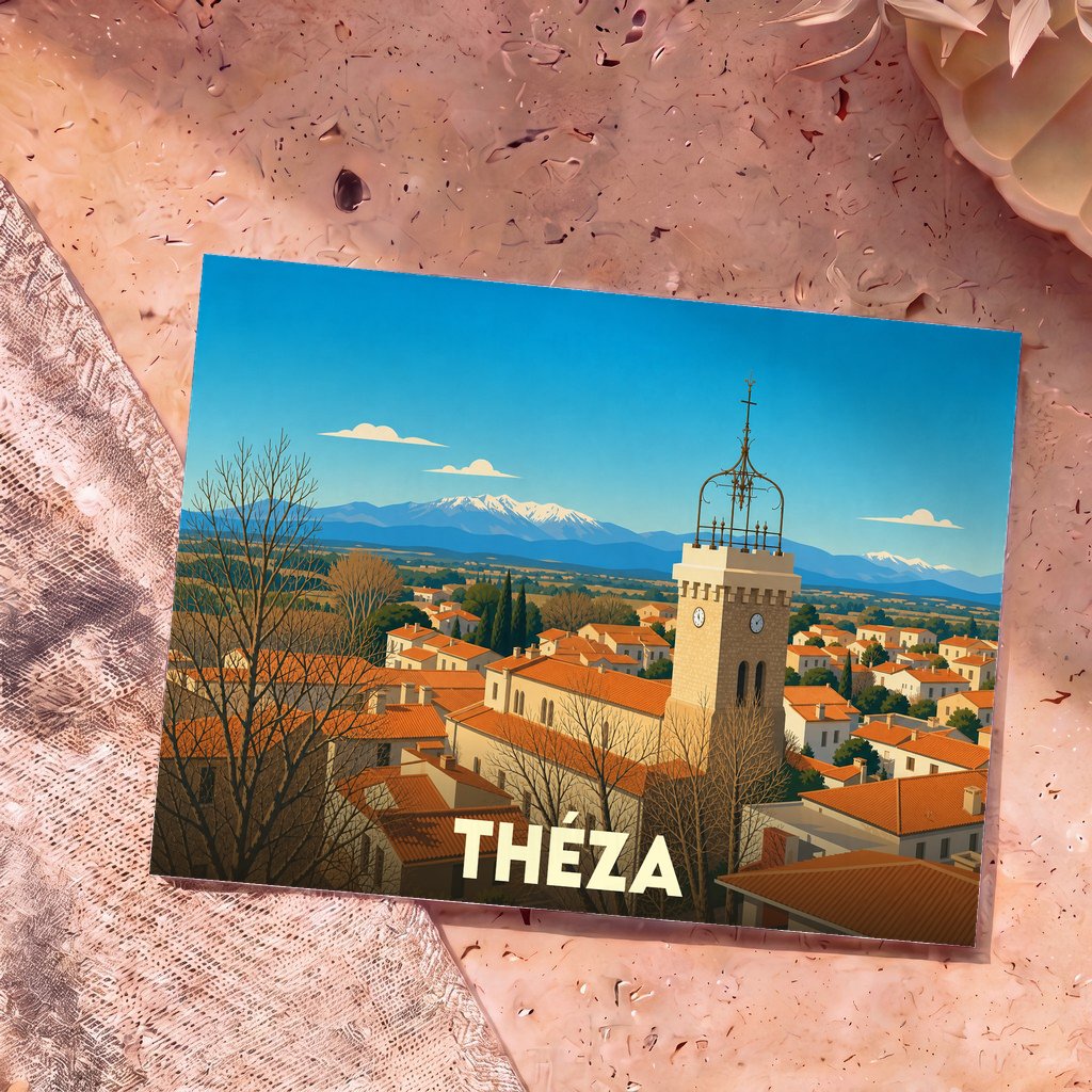Carte postale souvenir de la ville de Théza avec une illustration stylisée d'un clocher face aux montagnes enneigées.