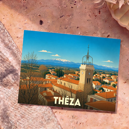 Carte postale souvenir de la ville de Théza avec une illustration stylisée d'un clocher face aux montagnes enneigées.