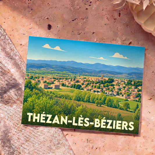 Carte postale souvenir de la ville de Thézan-lès-Béziers avec une illustration stylisée d'un paysage de campagne française.