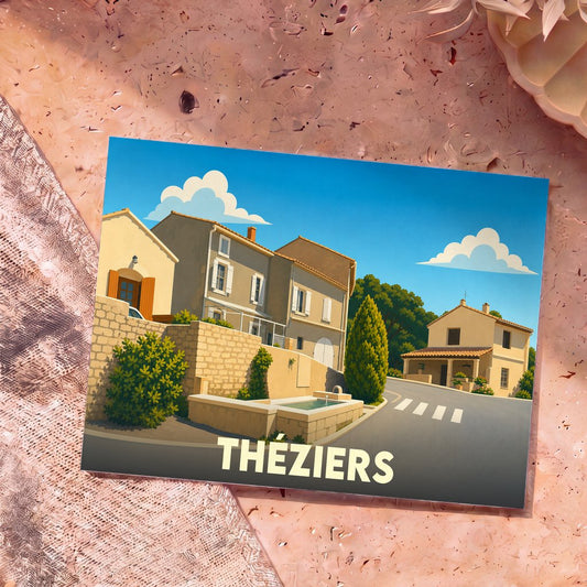 Carte postale souvenir de la ville de Théziers avec une illustration stylisée.
