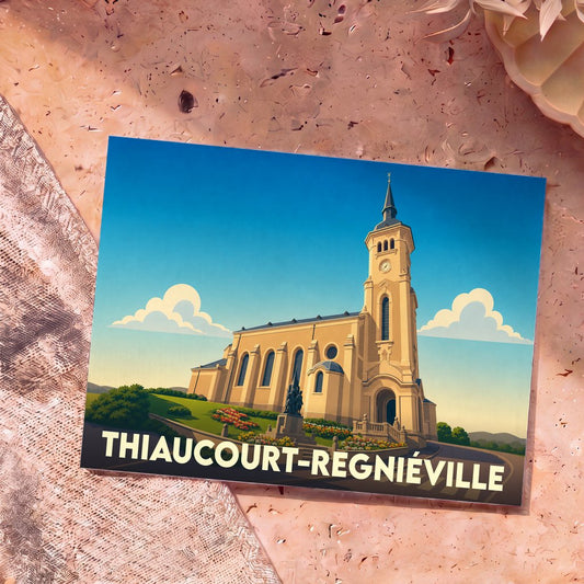 Carte postale souvenir de la ville de Thiaucourt-Regniéville avec une illustration stylisée de son église.