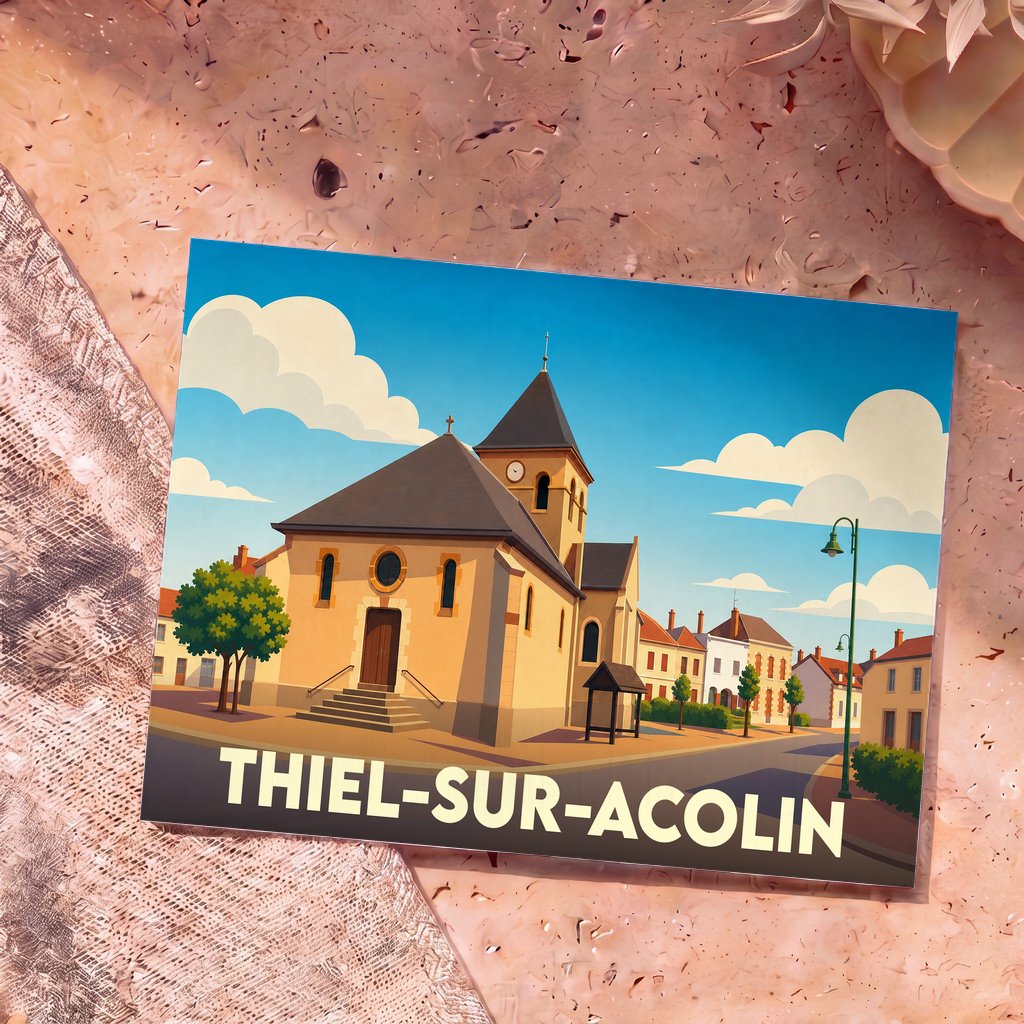Carte postale souvenir de la ville de Thiel-sur-Acolin avec une illustration stylisée de son église.