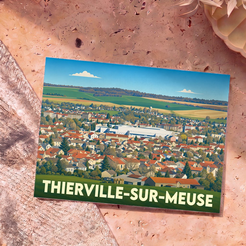 Carte postale souvenir de la ville de Thierville-sur-Meuse illustrant un panorama urbain coloré.