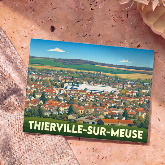 Carte postale souvenir de la ville de Thierville-sur-Meuse illustrant un panorama urbain coloré.