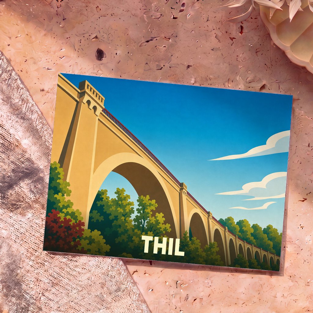 Carte postale souvenir de la ville de Thil avec une illustration stylisée représentant un grand viaduc en pierre.