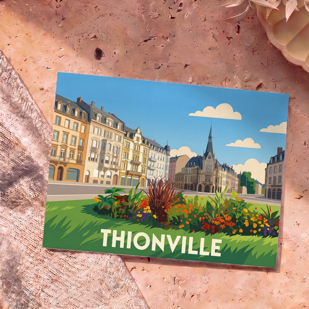 Carte postale souvenir de la ville de Thionville avec une illustration stylisée et colorée du centre-ville.