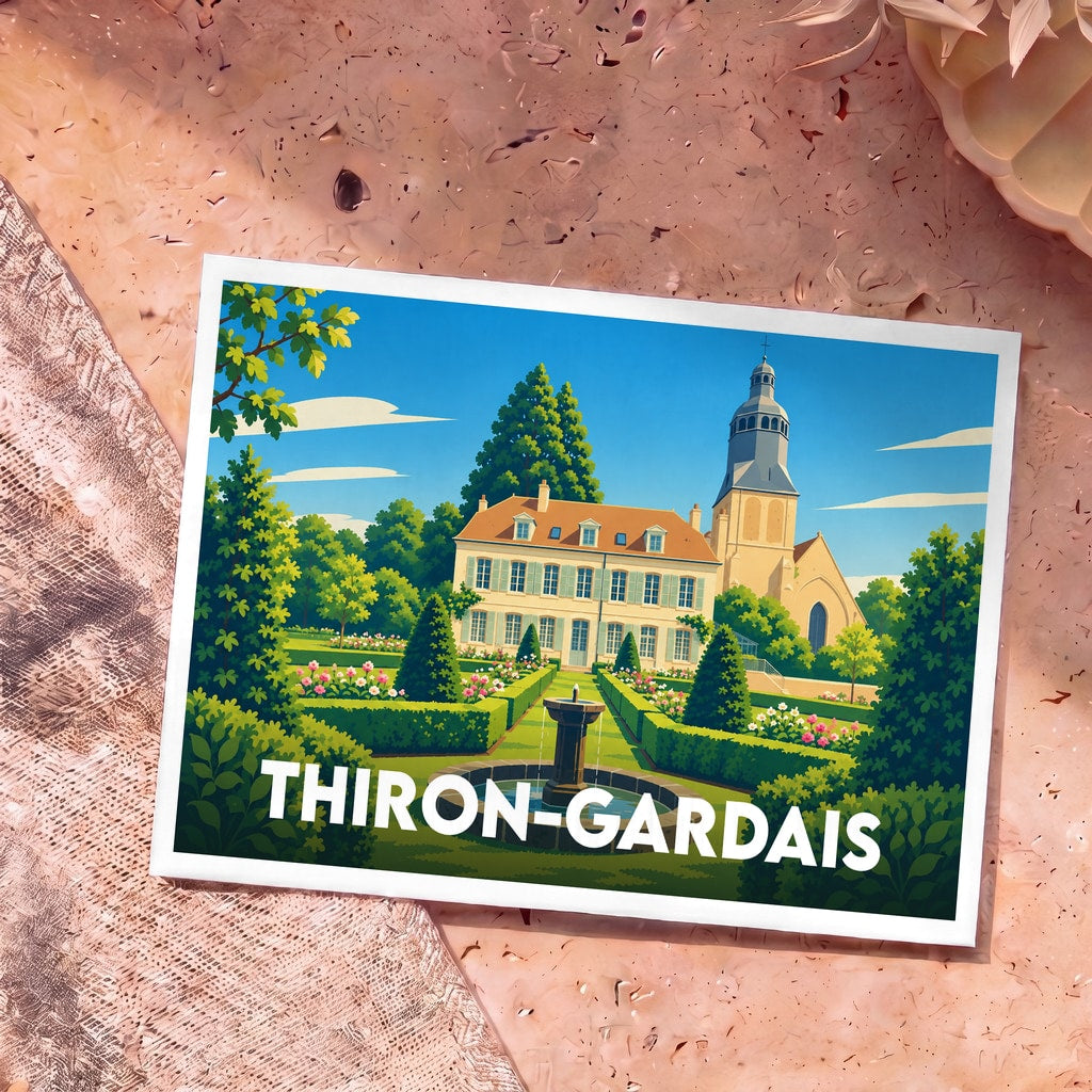 Carte postale souvenir de la ville de Thiron-Gardais avec une illustration stylisée de ses jardins et de son abbaye.