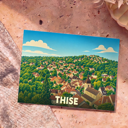 Carte postale souvenir de la ville de Thise avec une illustration stylisée.