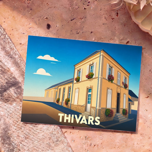 Carte postale souvenir de la ville de Thivars avec une illustration stylisée de sa mairie.