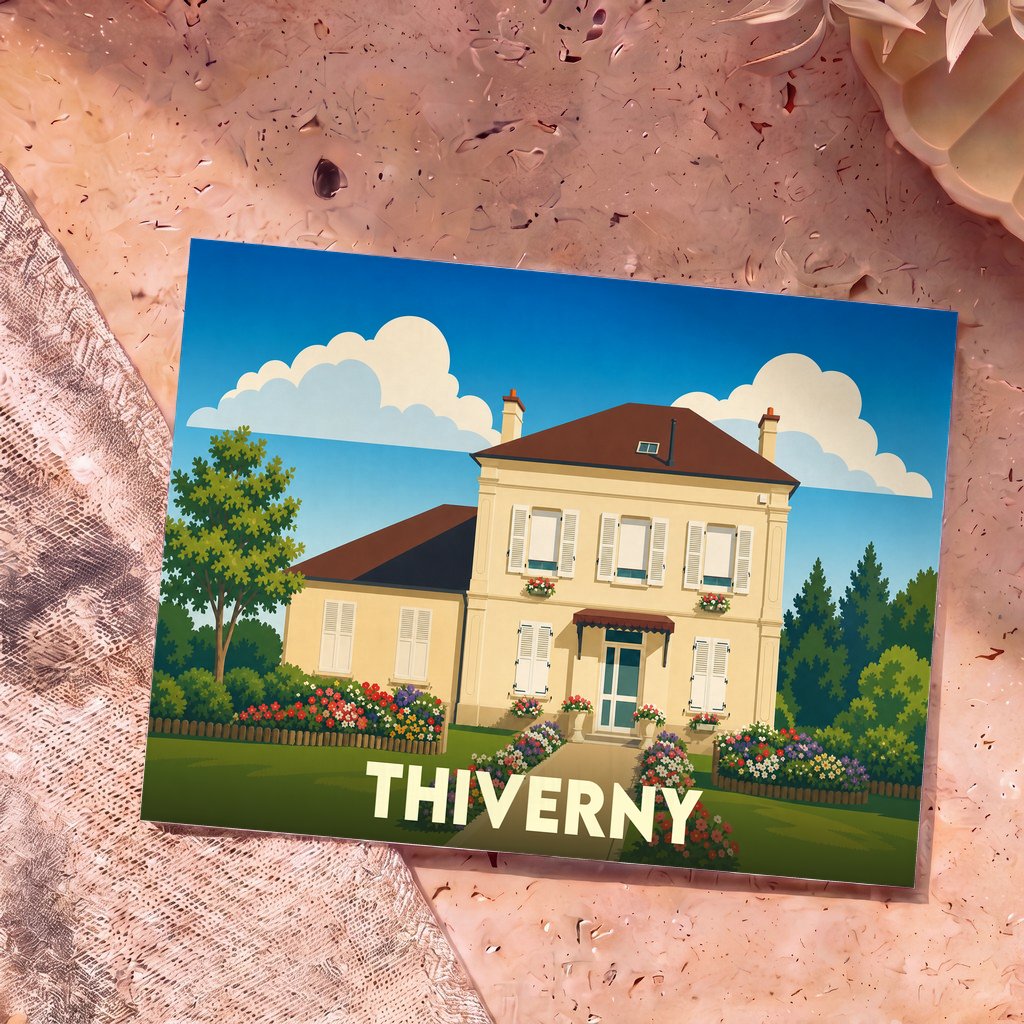 Carte postale souvenir de la ville de Thiverny avec une illustration stylisée d'une maison bourgeoise et de son jardin fleuri.