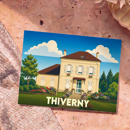 Carte postale souvenir de la ville de Thiverny avec une illustration stylisée d'une maison bourgeoise et de son jardin fleuri.