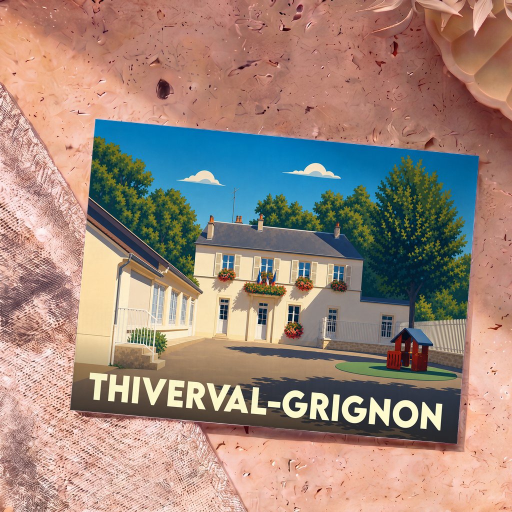 Carte postale souvenir de la ville de Thiverval-Grignon avec une illustration stylisée de sa mairie.
