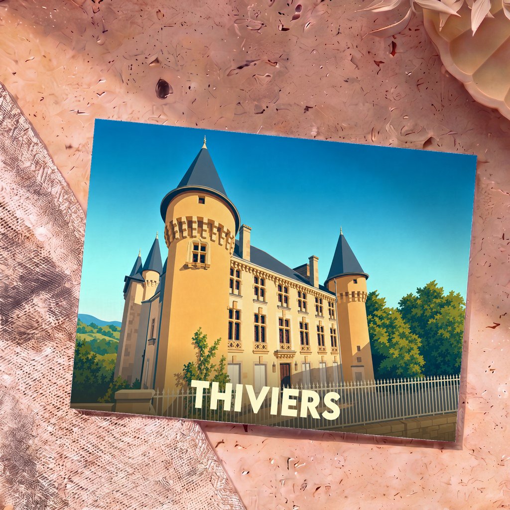Carte postale souvenir de la ville de Thiviers avec une illustration stylisée de son château.
