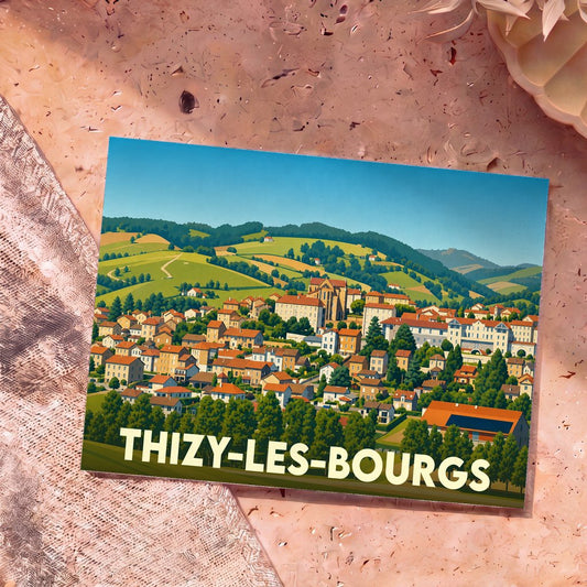 Carte postale souvenir de la ville de Thizy-les-Bourgs avec une illustration stylisée.
