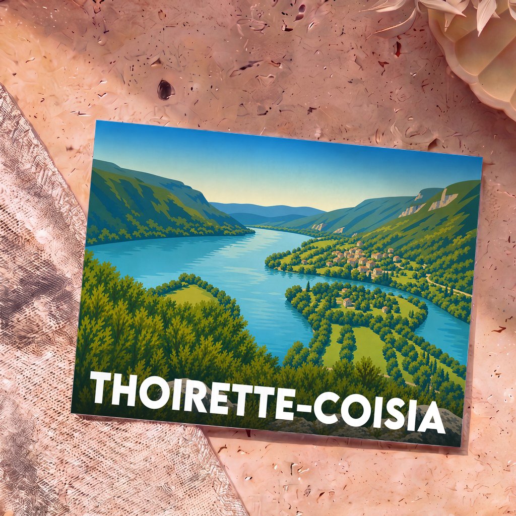 Carte postale souvenir de la ville de Thoirette-Coisia avec une illustration stylisée d'un paysage de rivière et de montagnes.
