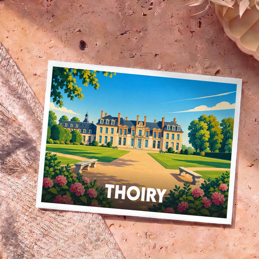 Carte postale souvenir de la ville de Thoiry avec une illustration stylisée de son château et de ses jardins.