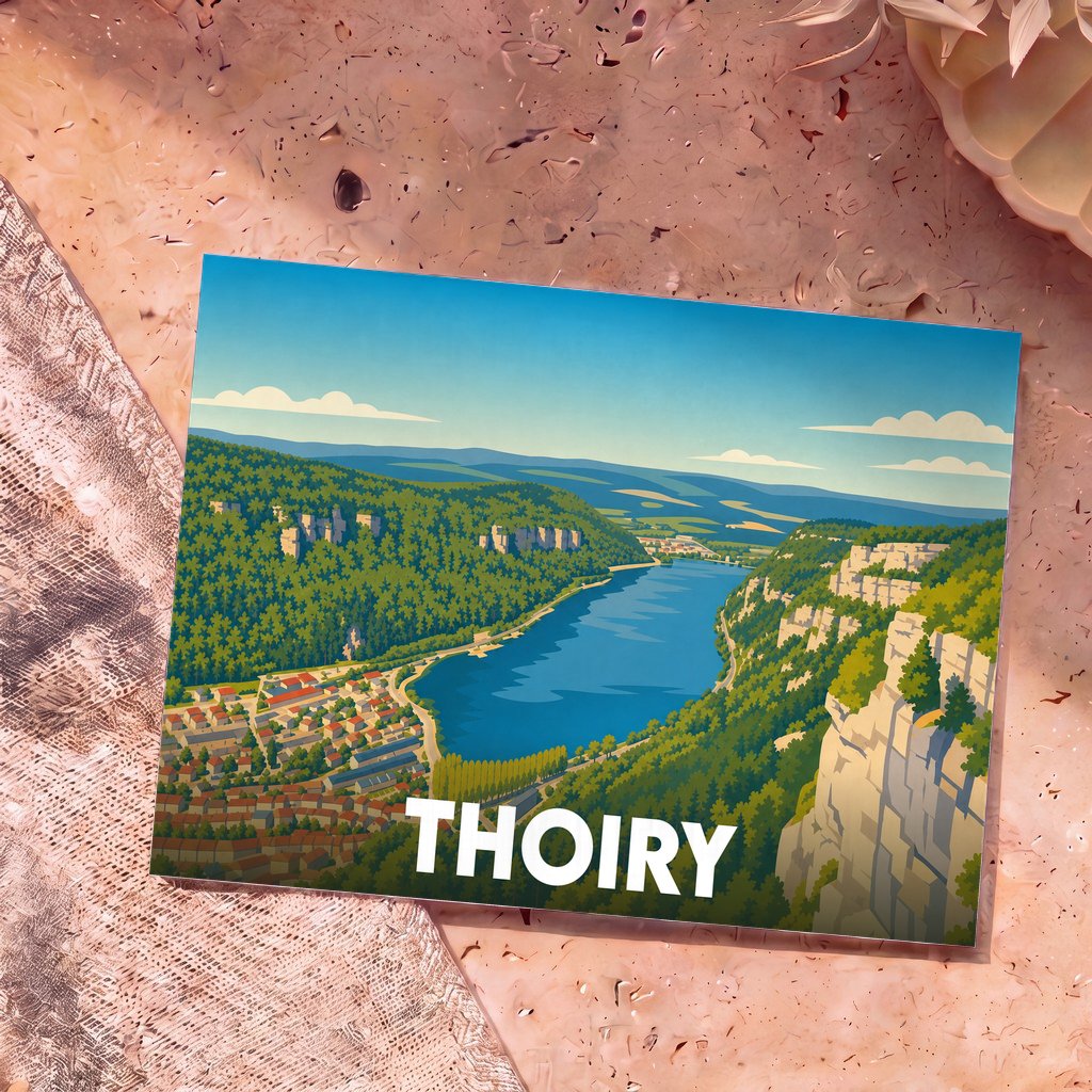 Carte postale souvenir de la ville de Thoiry avec une illustration stylisée d'un lac entouré de falaises et de forêts.
