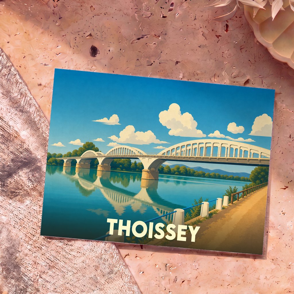 Carte postale souvenir de la ville de Thoissey avec une illustration stylisée de son pont se reflétant dans l'eau.