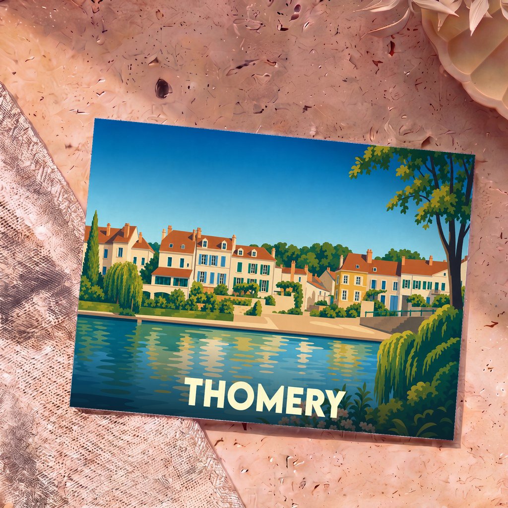 Carte postale souvenir de la ville de Thomery avec une illustration colorée et stylisée de ses quais en bord de Seine.