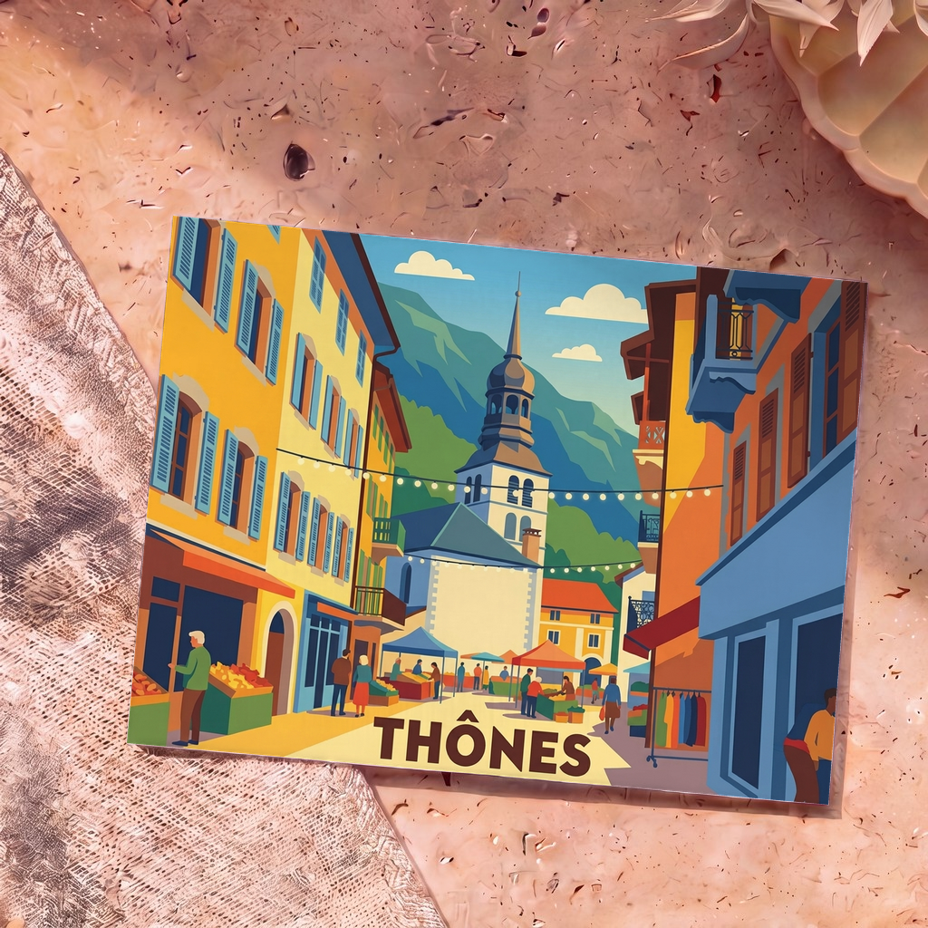 Carte postale souvenir de la ville de Thônes illustrant son marché typique et son église dans un style graphique coloré.