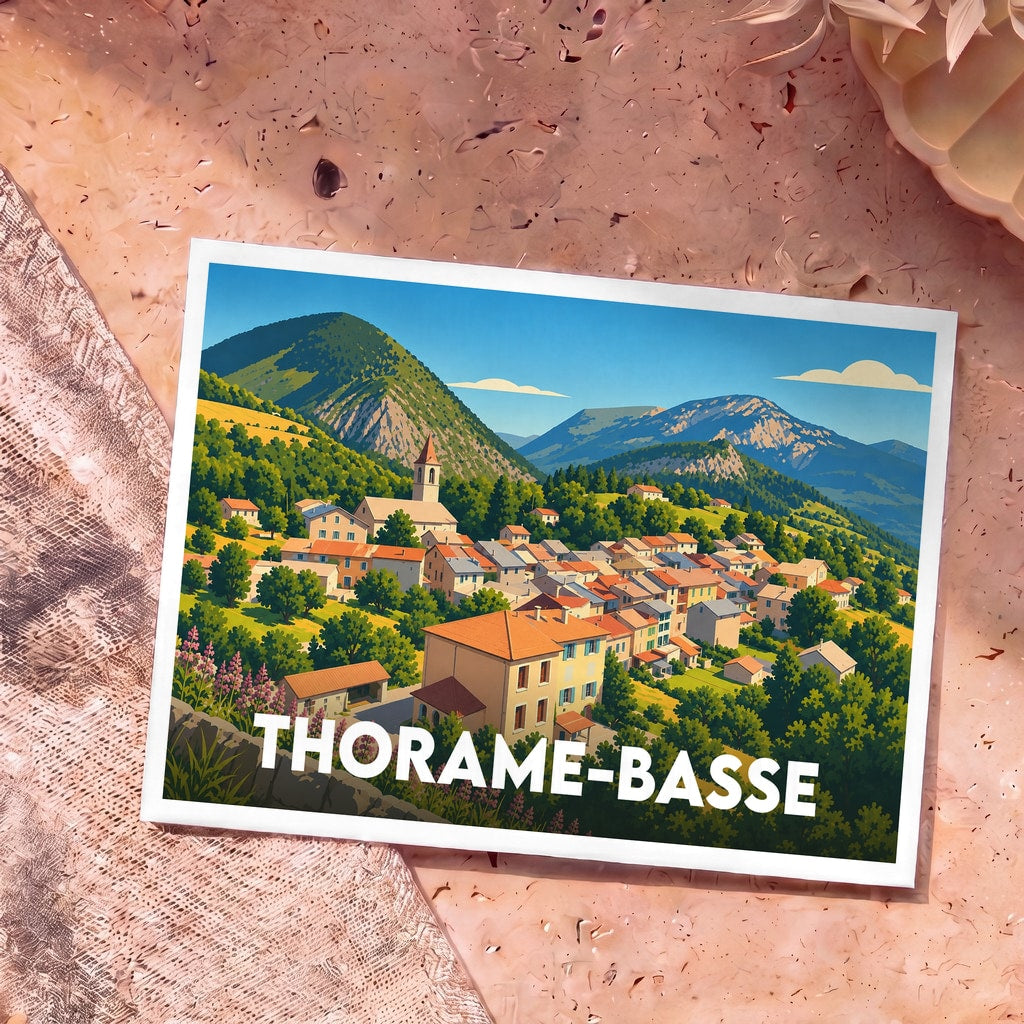 Carte postale souvenir de la ville de Thorame-Basse avec une illustration stylisée de style vintage représentant le village dans un paysage de montagnes.