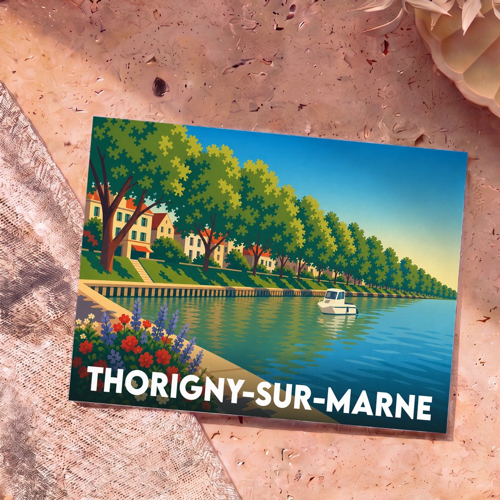 Carte postale souvenir de la ville de Thorigny-sur-Marne avec une illustration stylisée des bords de Marne.