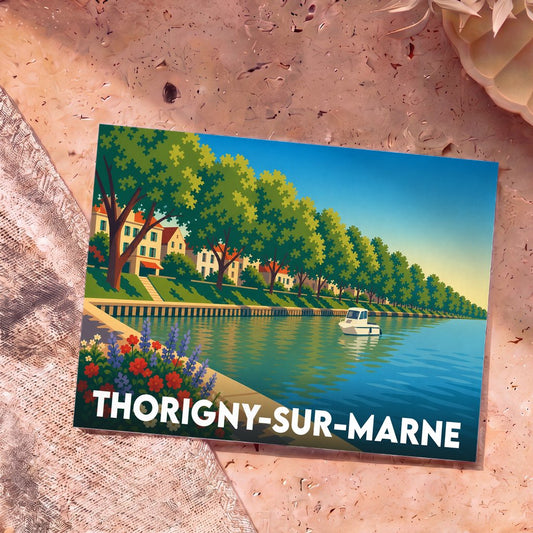 Carte postale souvenir de la ville de Thorigny-sur-Marne avec une illustration stylisée des bords de Marne.