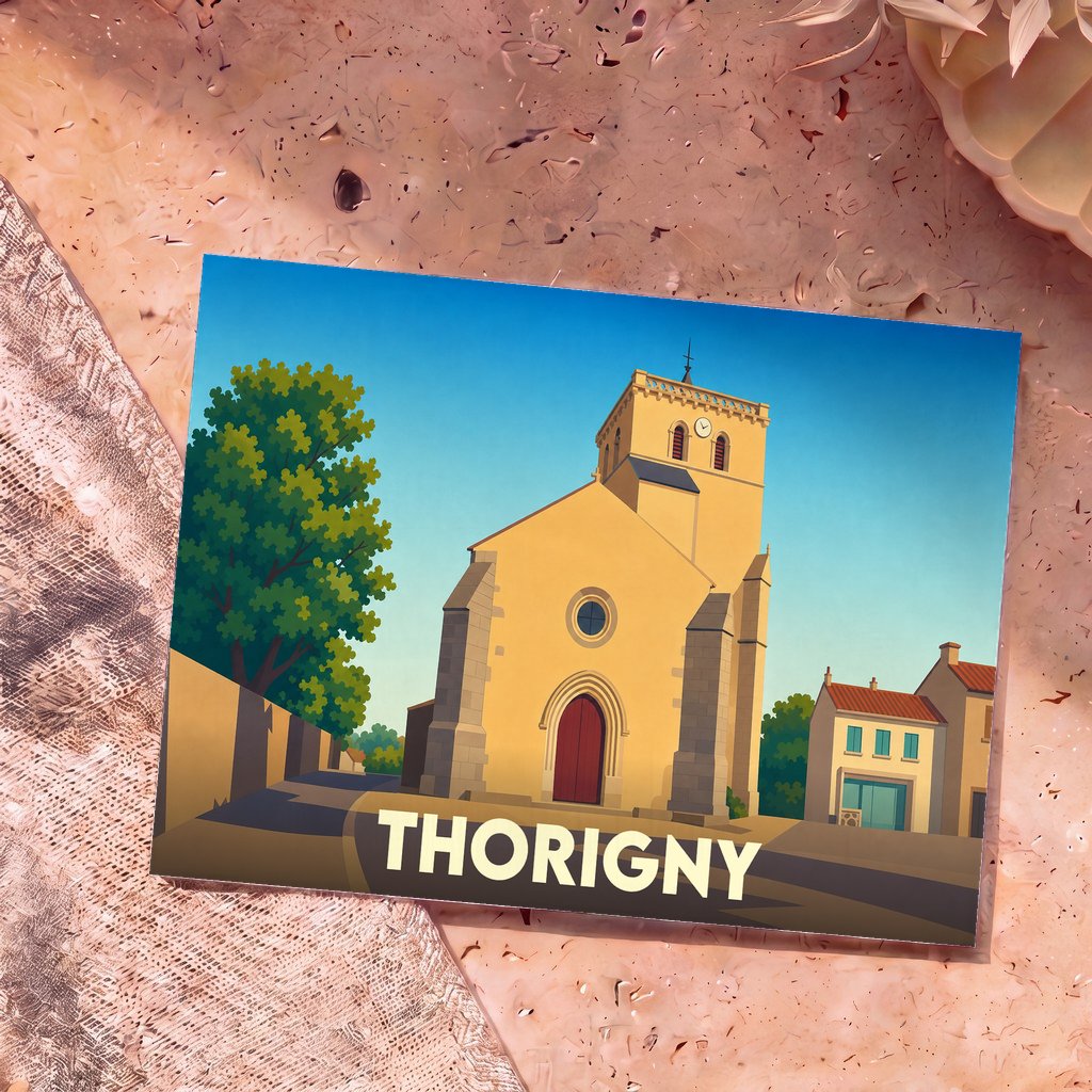 Carte postale souvenir de la ville de Thorigny avec une illustration stylisée de son église.
