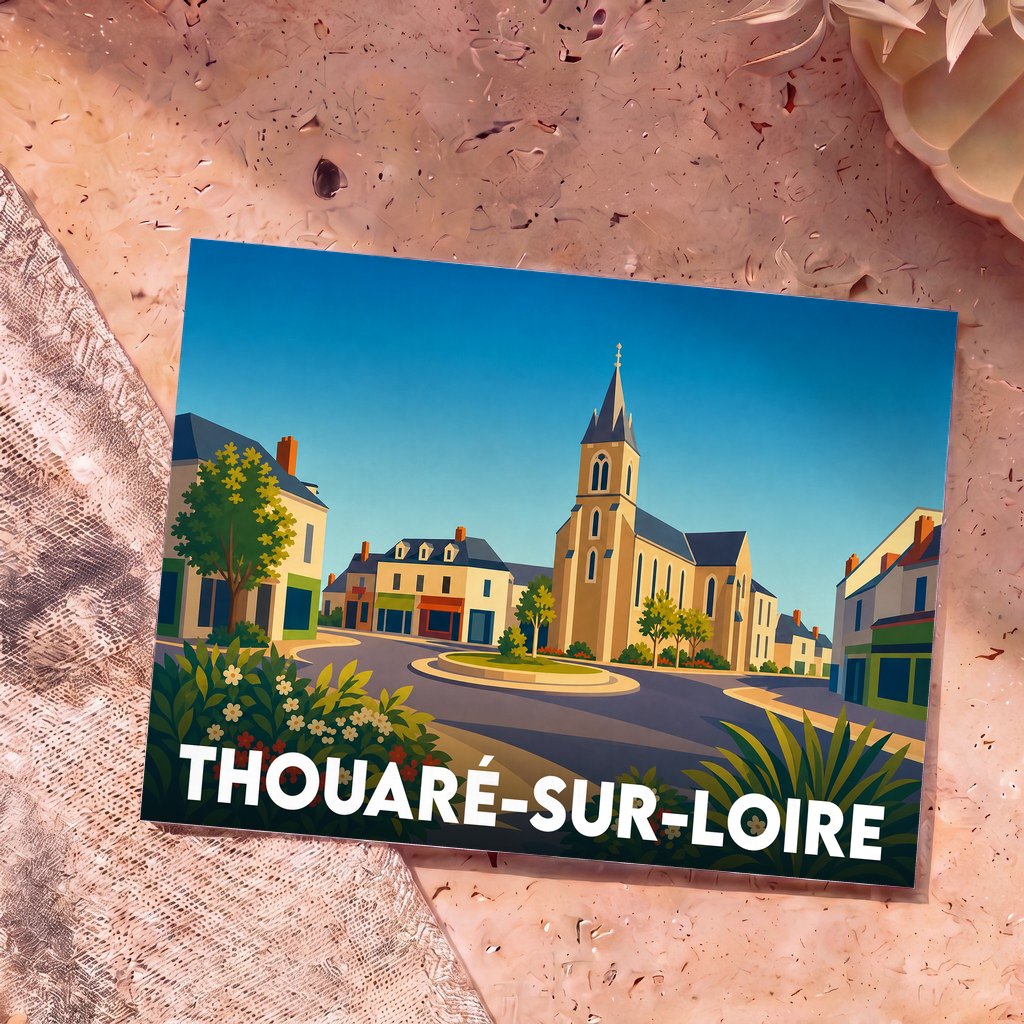 Carte postale souvenir de la ville de Thouaré-sur-Loire avec une illustration stylisée de son église et de ses commerces.
