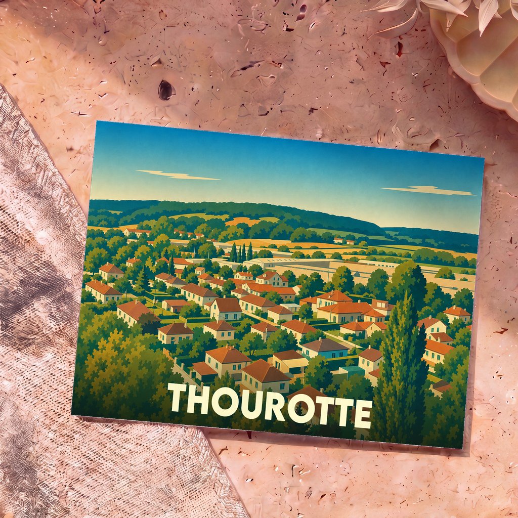 Carte postale souvenir de la ville de Thourotte avec une illustration stylisée d'un paysage urbain verdoyant.