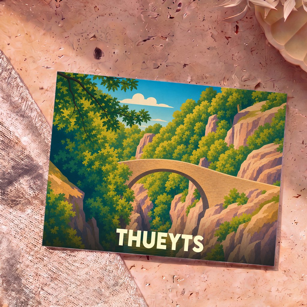 Carte postale souvenir de la ville de Thueyts illustrant le Pont du Diable dans un style graphique épuré.