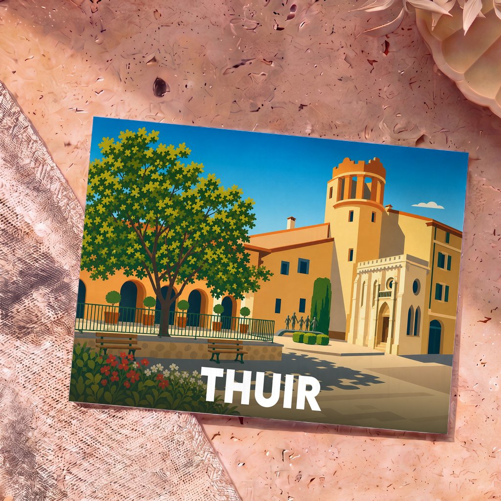 Carte postale souvenir de la ville de Thuir avec une illustration stylisée et colorée de ses bâtiments emblématiques.