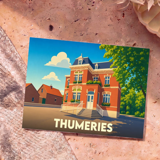 Carte postale souvenir de la ville de Thumeries avec une illustration stylisée d'une grande maison bourgeoise en briques.