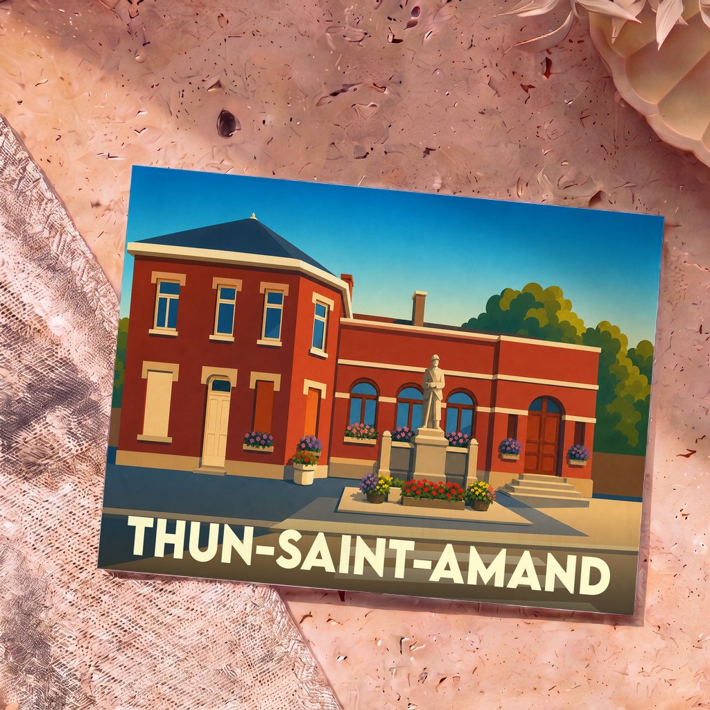 Carte postale souvenir de la ville de Thun-Saint-Amand avec une illustration stylisée de sa mairie.