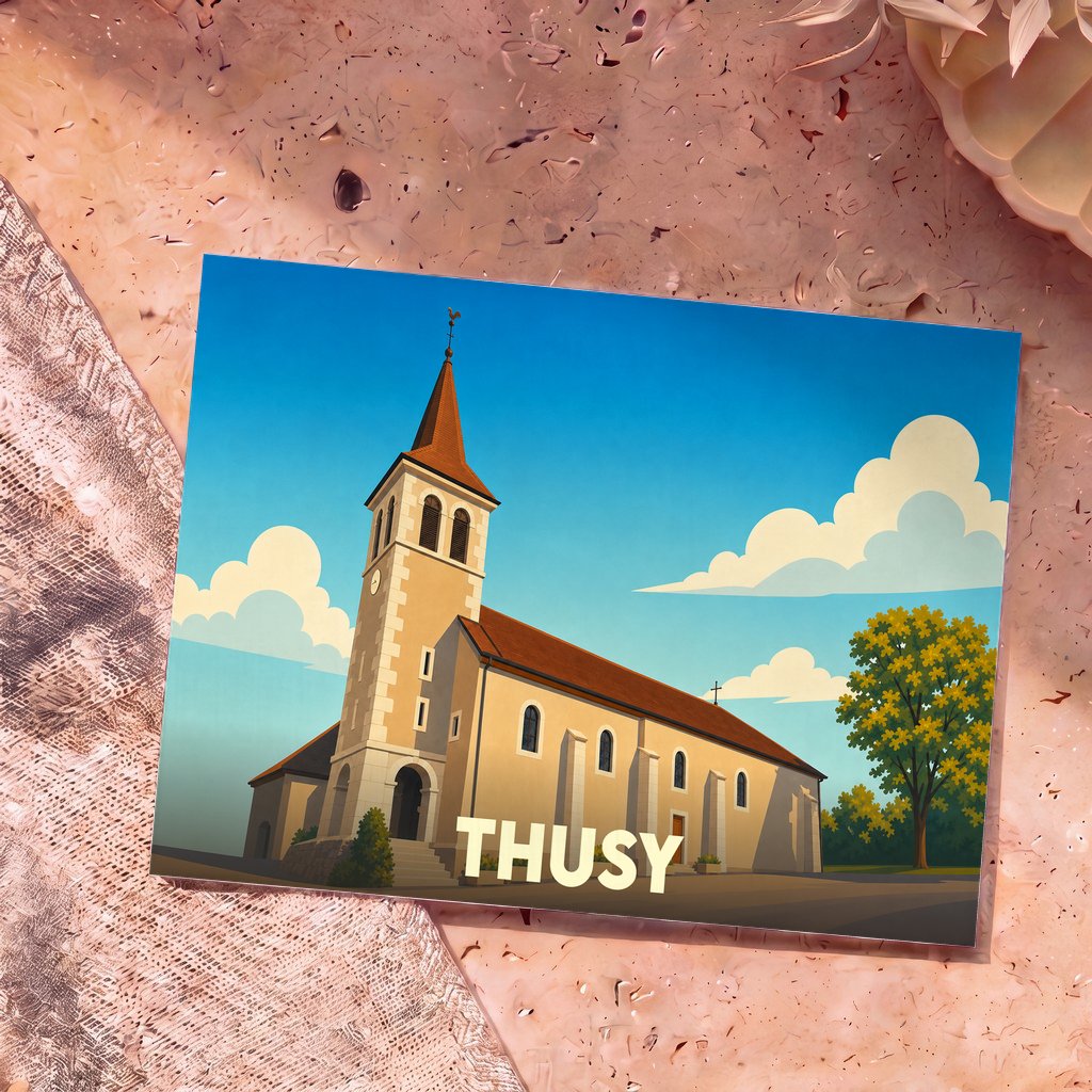 Carte postale souvenir de la ville de Thusy avec une illustration stylisée de son église sous un ciel bleu.