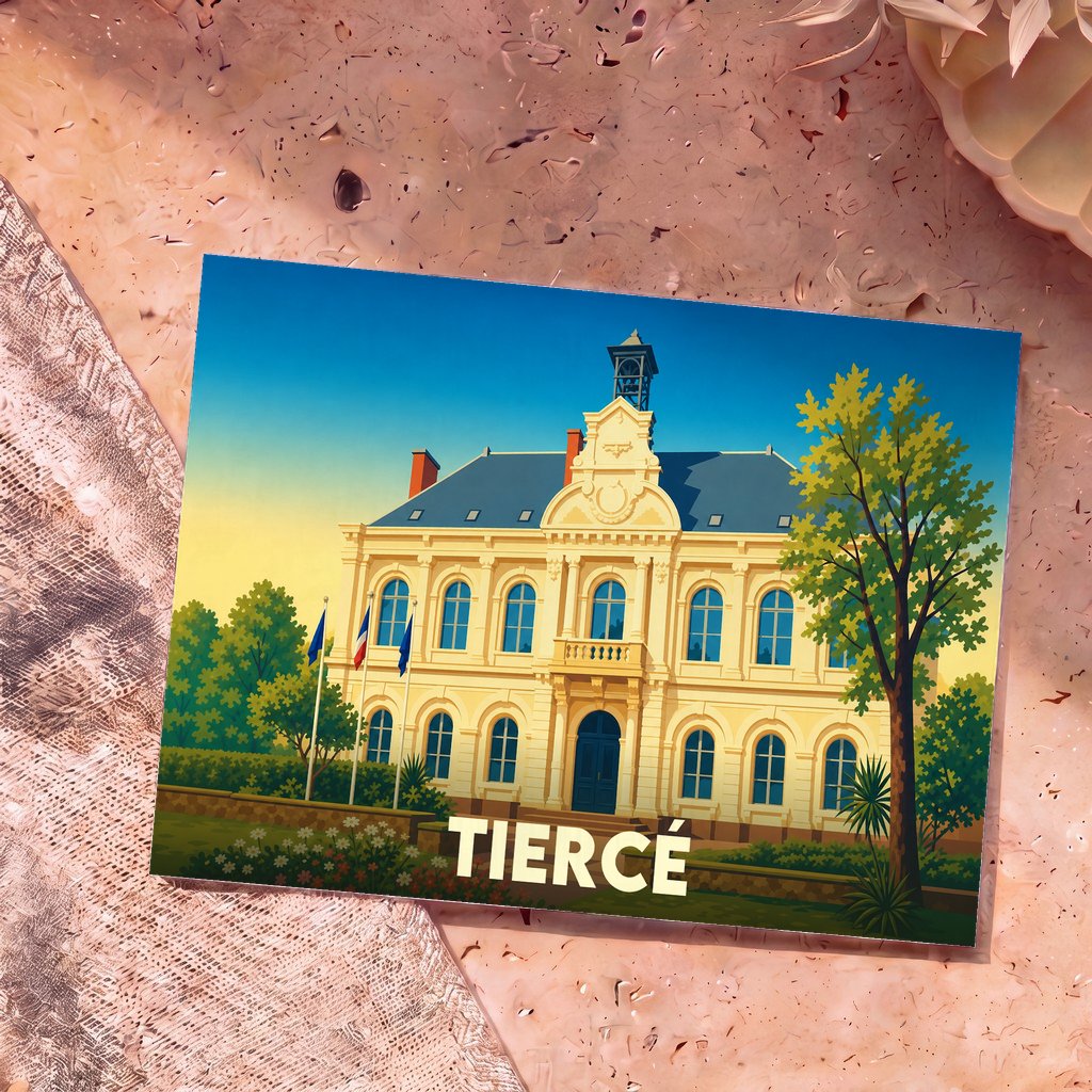 Carte postale souvenir de la ville de Tiercé avec une illustration stylisée de son hôtel de ville.