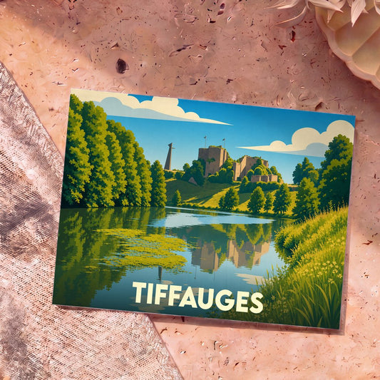 Carte postale souvenir de la ville de Tiffauges présentant une illustration stylisée de son château et de sa rivière.